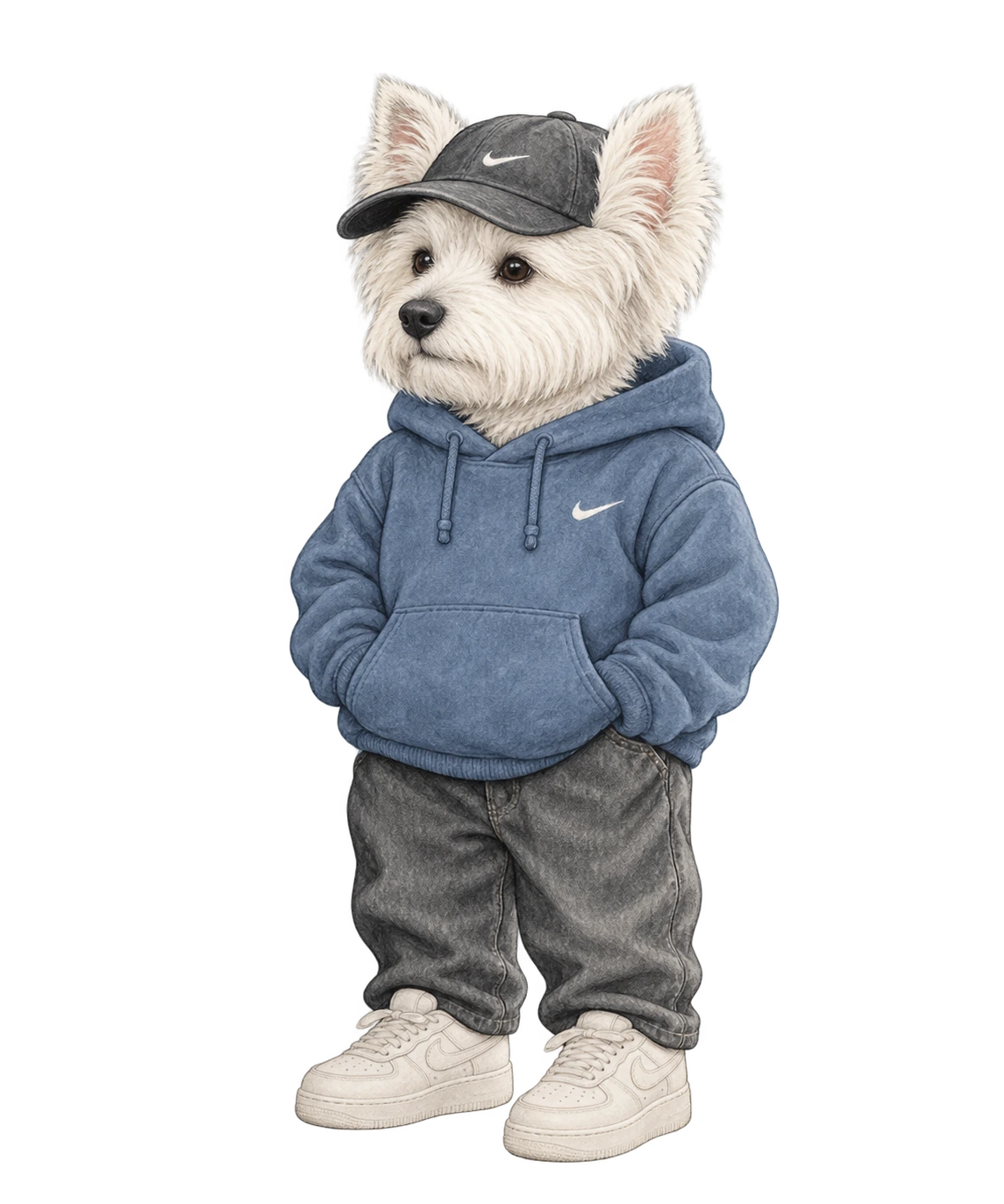 Shoe Dog looking cool with paws in his hoodie pocket