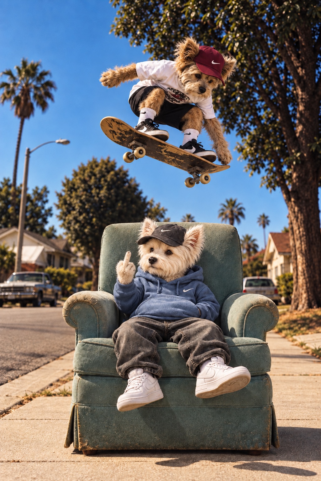 Shoe Dog in his blue hoodie giving the camera the middle finger from an armchair as a brown dog skateboards overhead