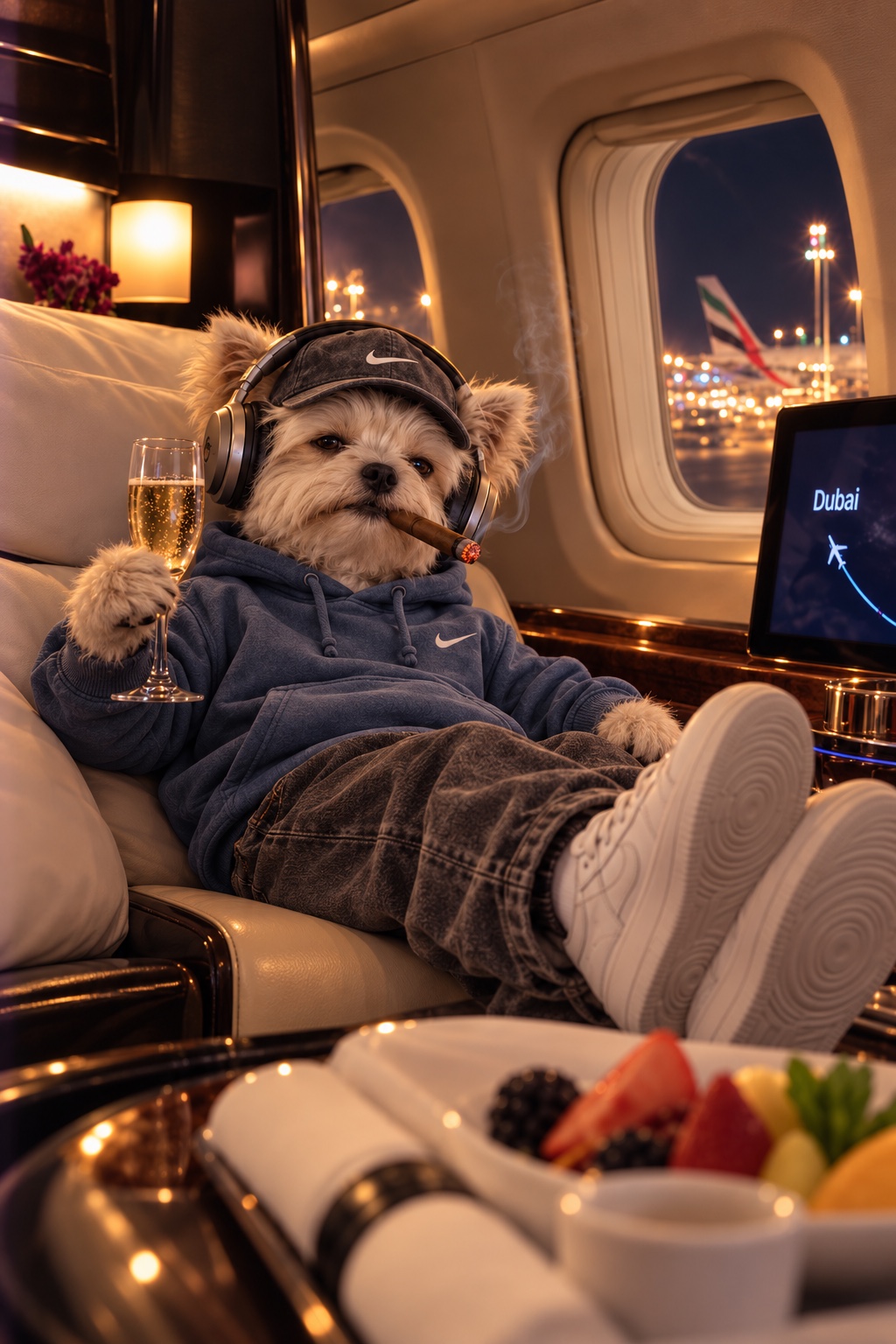 Shoe Dog in his signature blue hoodie and gray cap relaxing in a first-class airplane suite at night