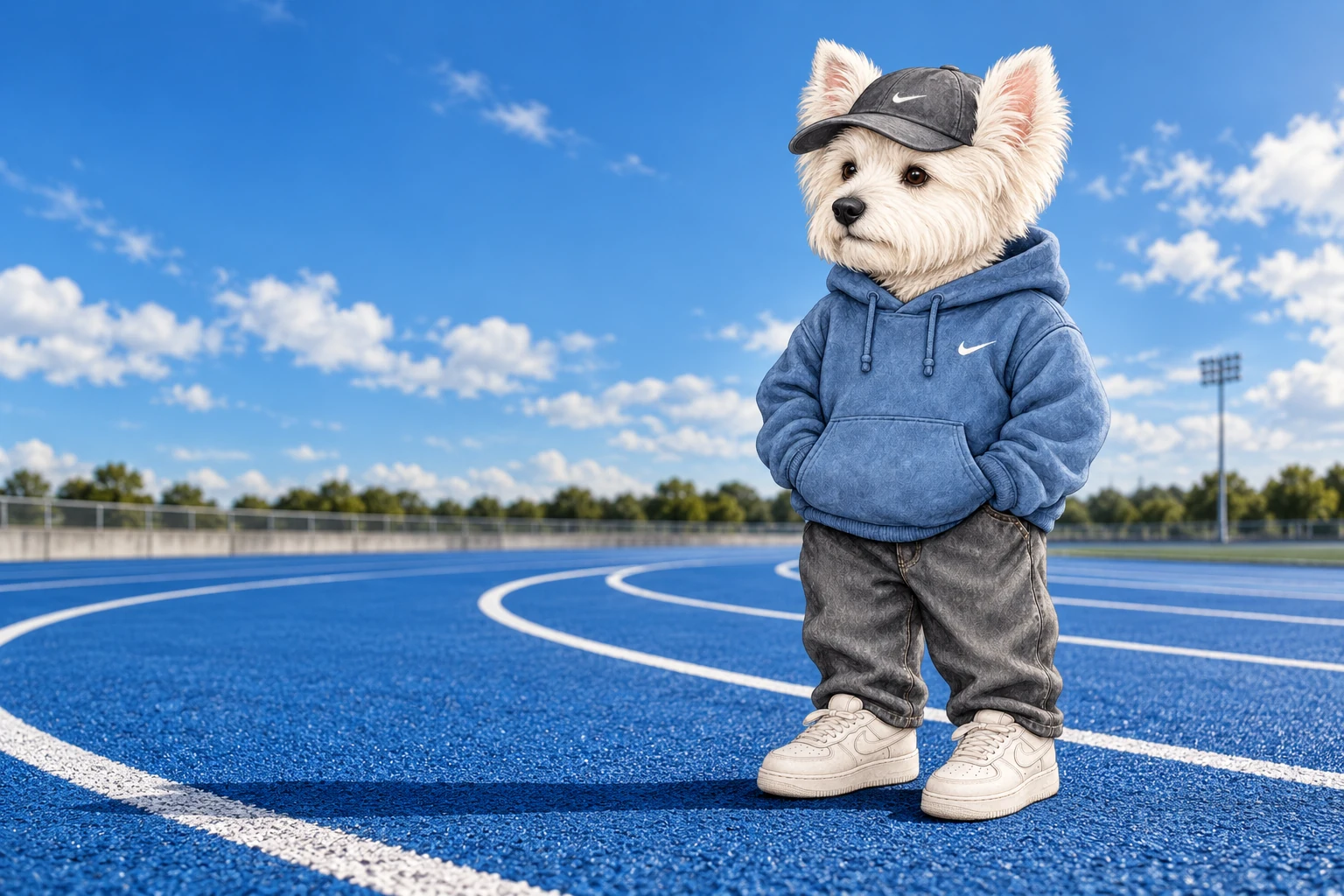 Shoe Dog standing on a vivid blue running track under a bright sky